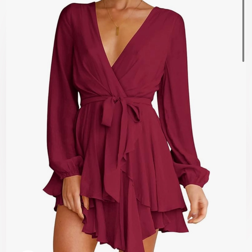 Women's Long Sleeve Waist Tie Ruffle Mini Swing Skater Dress - berry